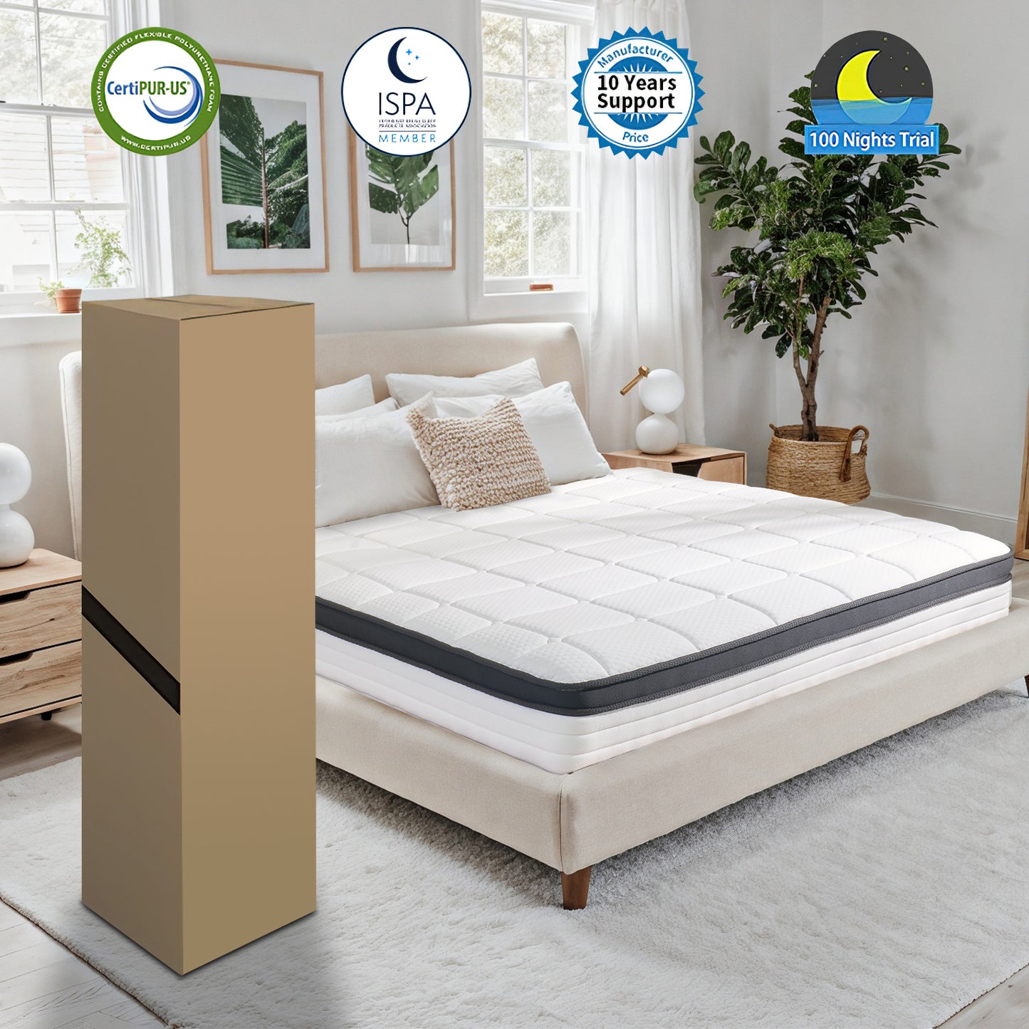12 Inch Queen Size Mattress , Hybrid Memory Foam Mattress in a Box with Pocket Spring for Pressure Relief & Comfort Sleep, CertiPUR-US, 100 Nights Trial