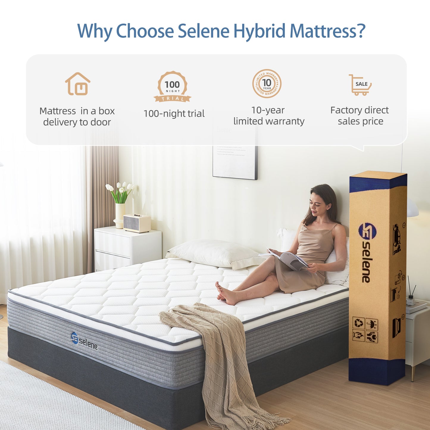 Selene Queen Mattress, 10 Inch Memory Foam Hybrid Mattress Queen Size, Pocket Spring Mattress in a Box for Motion Isolation, Edge Support, Pressure Relief, CertiPUR-US